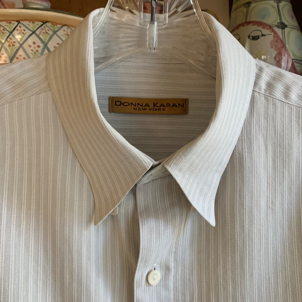 Donna Karan Vintage Blue Gray Stripe Cotton Button Down Shirt 15.5 34/35